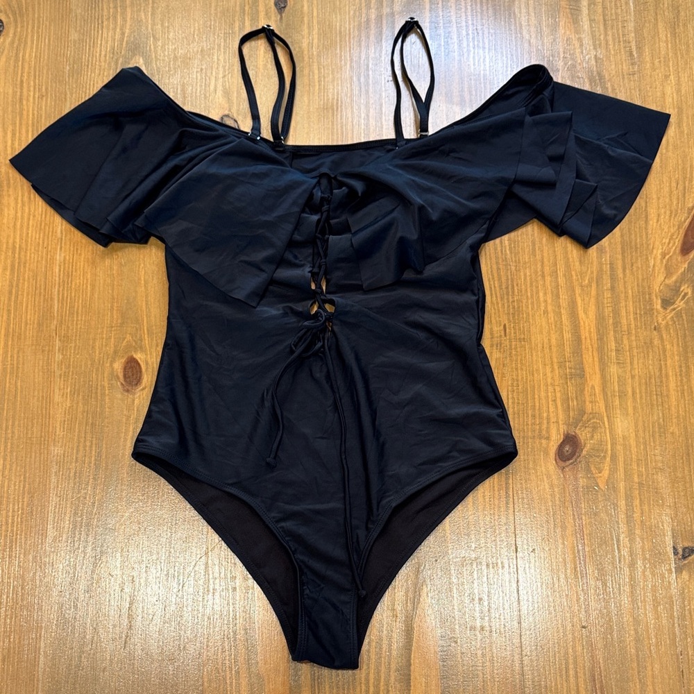 Solid Black Off-Shoulder ruffled Swimsuit removable straps NWOT